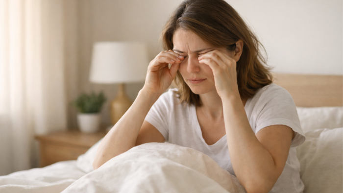 Despertarse con ojos secos, mujer que experimenta un leve malestar ocular por la mañana