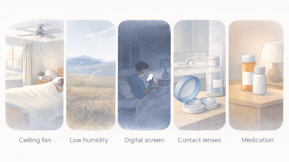 Illustration showing common causes of waking up with dry eyes