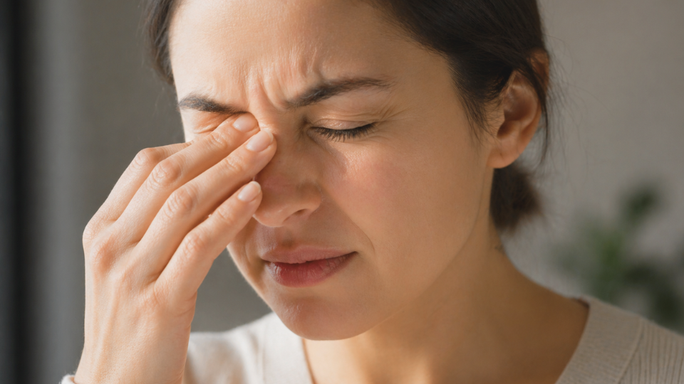 Close-up of photophobia symptoms with eye discomfort in bright light