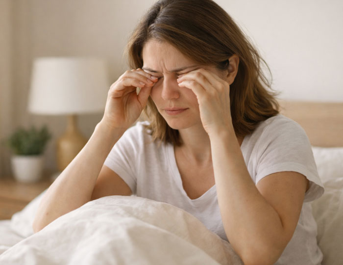 Waking up with dry eyes, woman experiencing mild eye discomfort in the morning